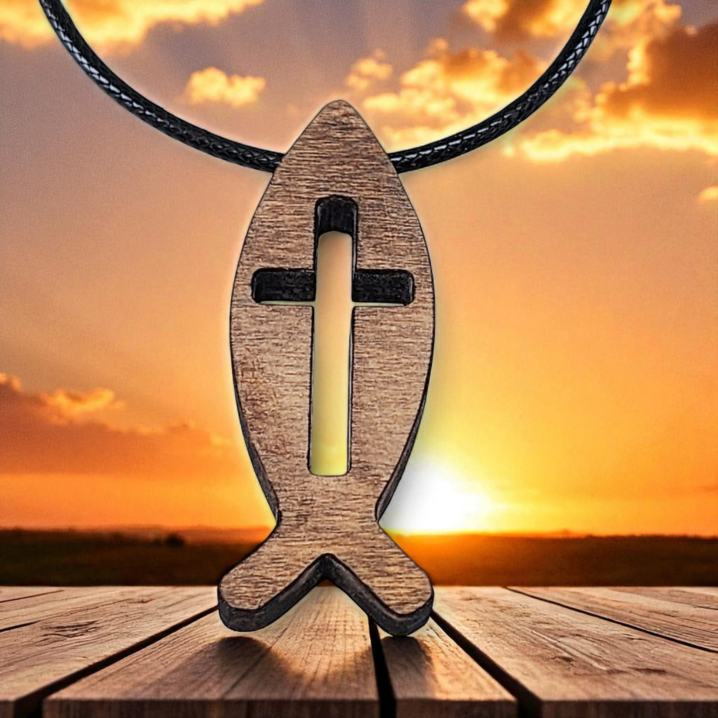Wood Fish Cross Pendant Stainless Steel Curb Chain Necklace