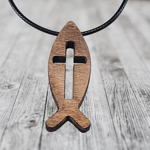 Wood Fish Cross Pendant Stainless Steel Curb Chain Necklace