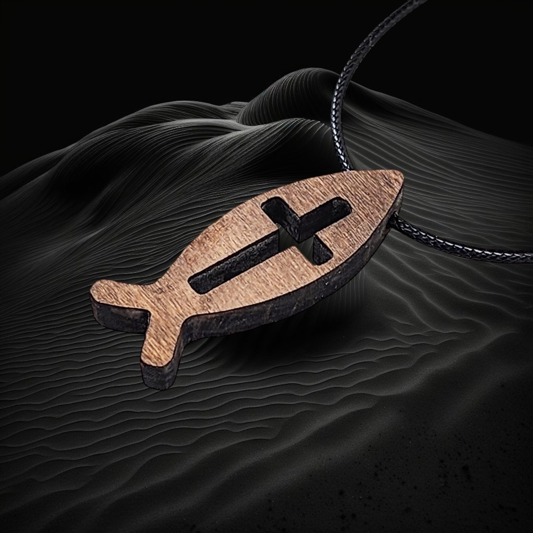 Wood Fish Cross Pendant Stainless Steel Curb Chain Necklace