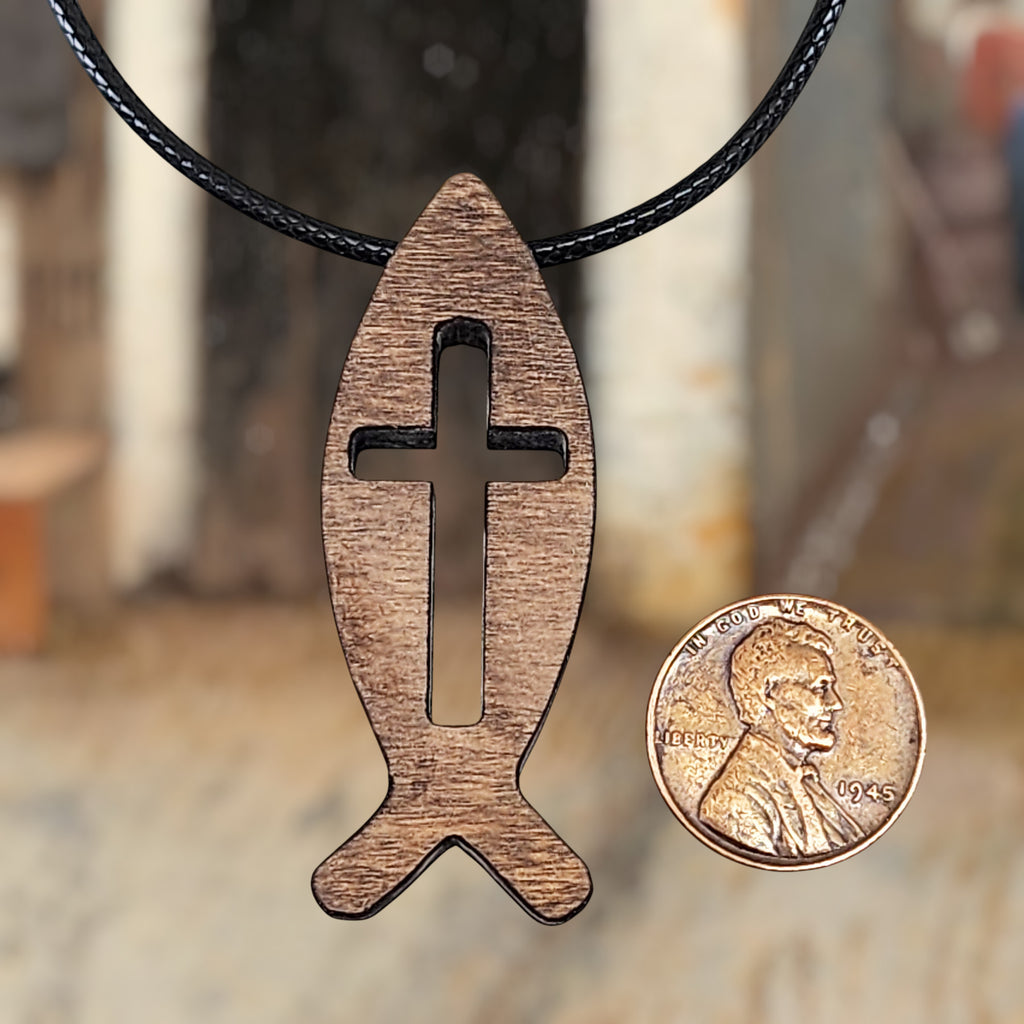 Wood Fish Cross Pendant Stainless Steel Curb Chain Necklace