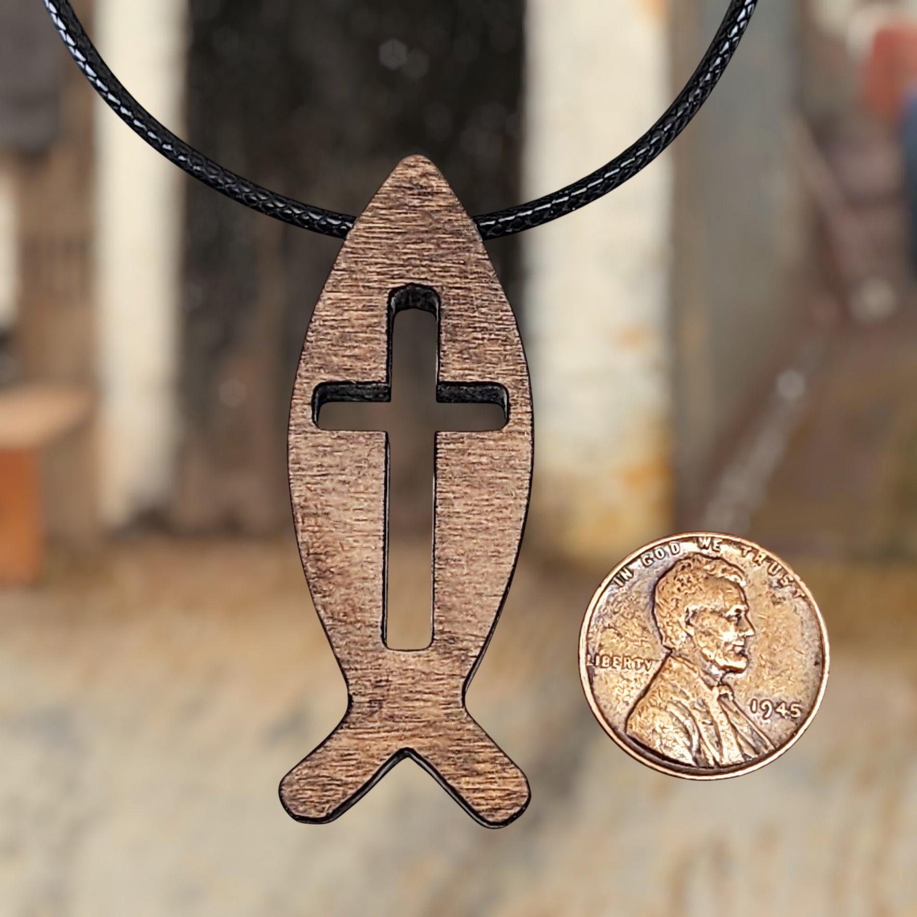 Wood Fish Cross Pendant Stainless Steel Curb Chain Necklace