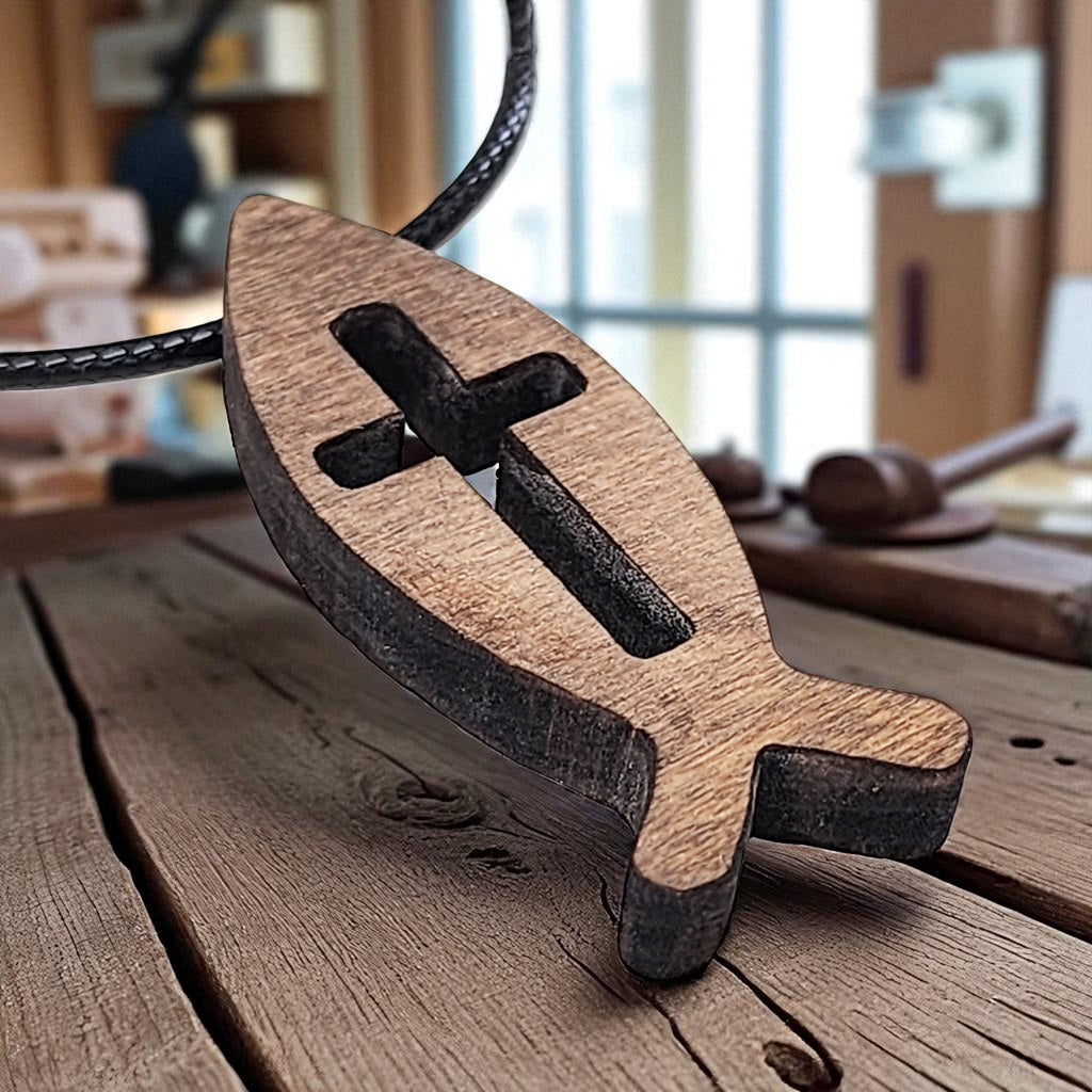 Wood Fish Cross Pendant Stainless Steel Curb Chain Necklace
