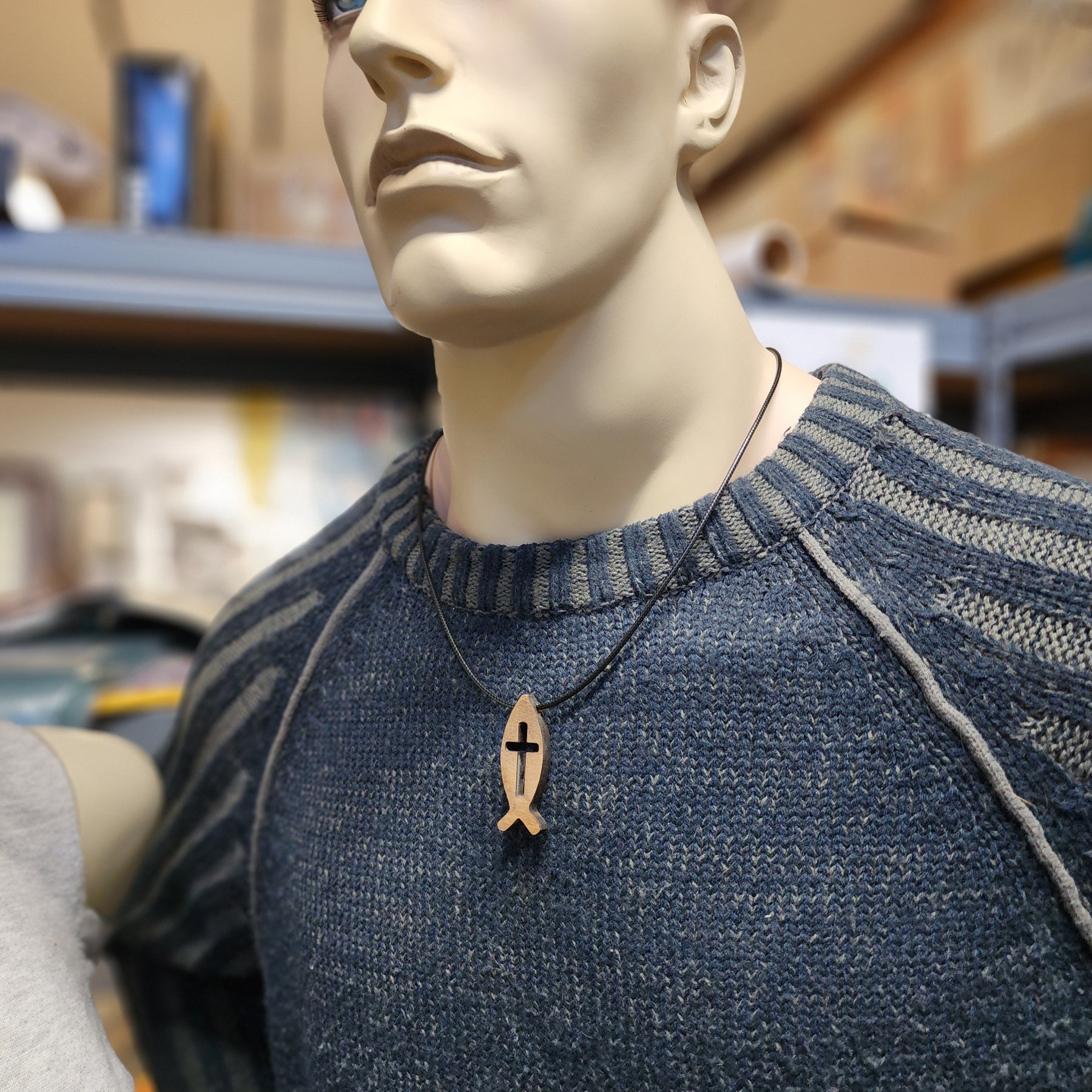 Wood Fish Cross Pendant Stainless Steel Curb Chain Necklace