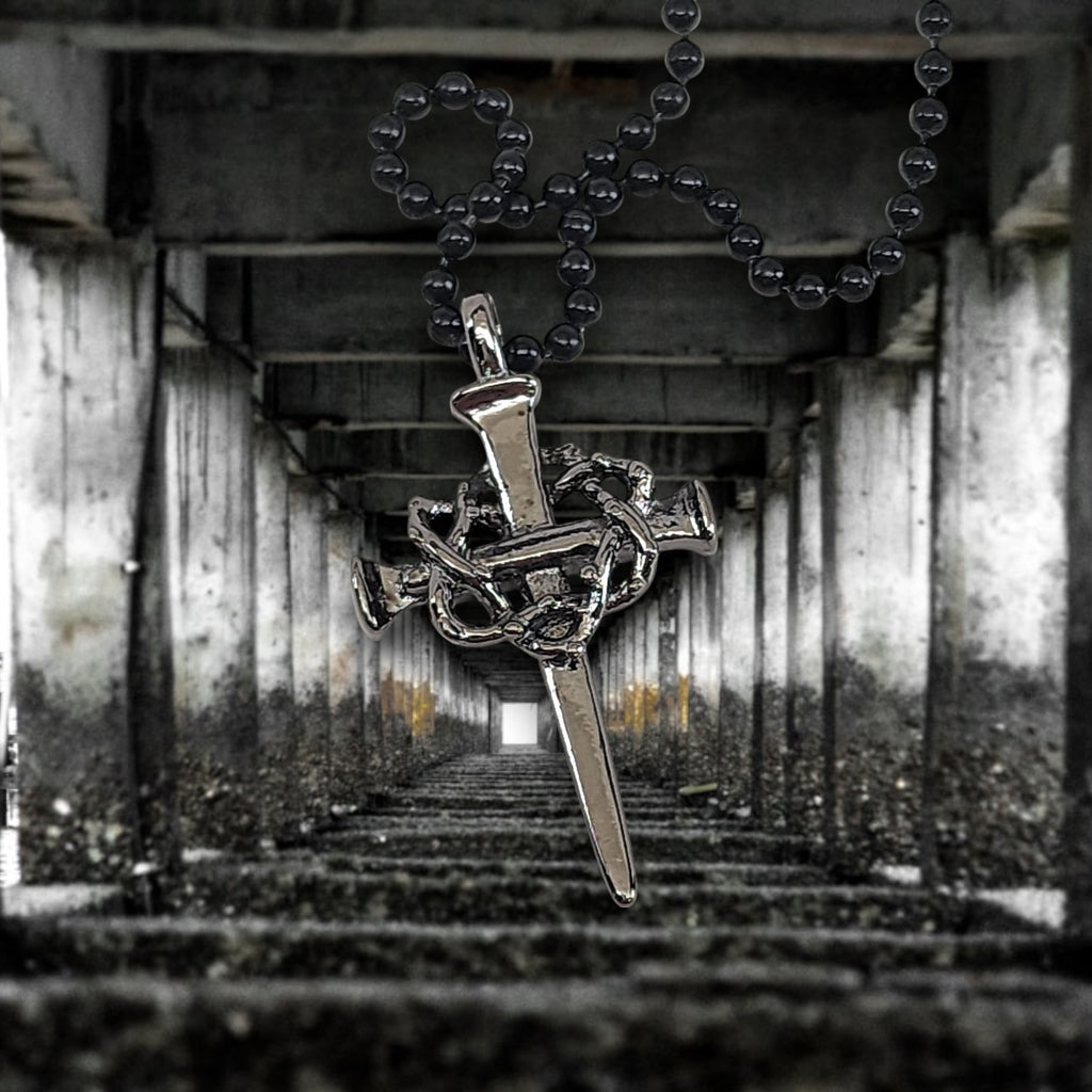 Nail Crown Cross In Gunmetal Finish with Gunmetal Ball Chain Necklace