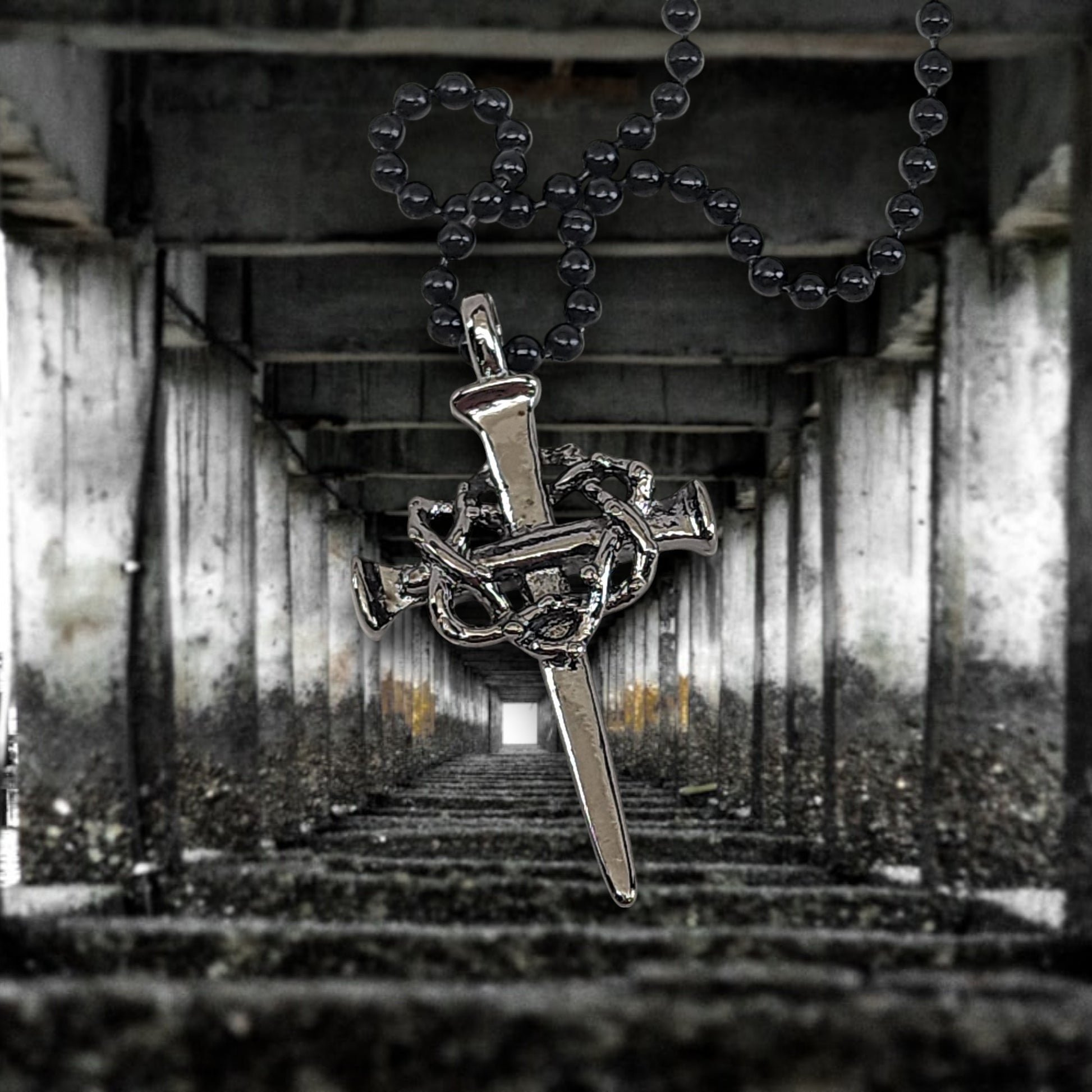Nail Crown Cross In Gunmetal Finish with Gunmetal Ball Chain Necklace