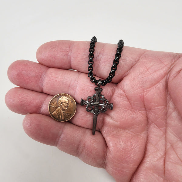 Nail Crown Cross In Gunmetal Finish with Gunmetal Dark Heavy Chain Necklace