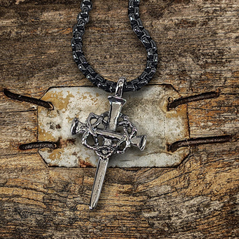 Nail Crown Cross In Gunmetal Finish with Gunmetal Dark Heavy Chain Necklace