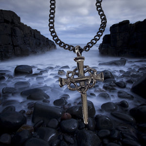 Nail Crown Cross In Gunmetal Finish with Gunmetal Dark Chain Necklace