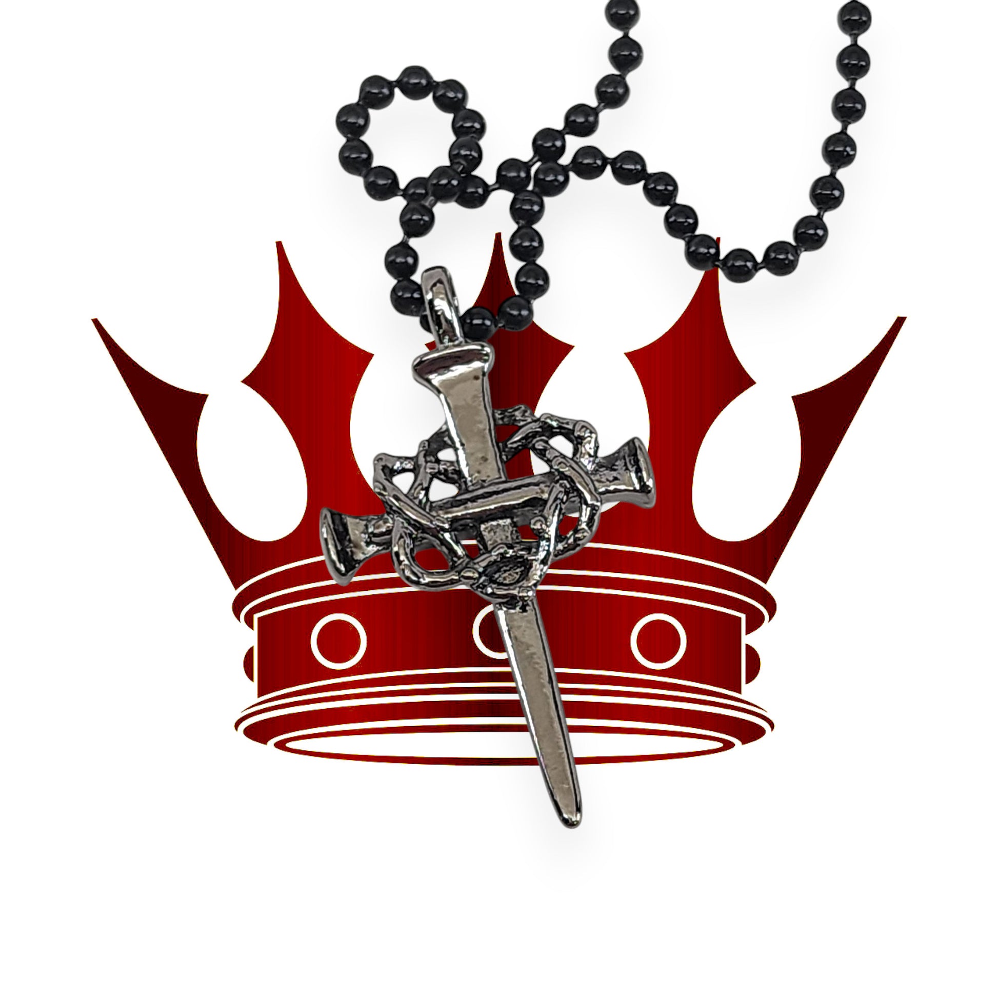 Nail Crown Cross In Gunmetal Finish with Gunmetal Ball Chain Necklace