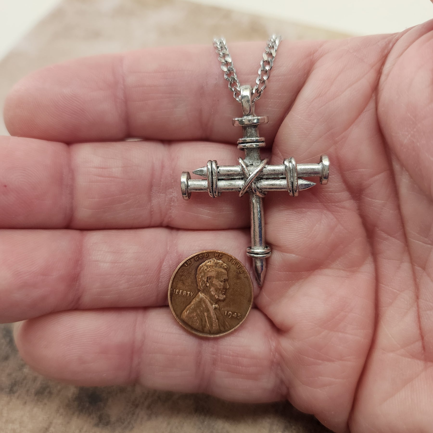 Pewter Nail Cross Necklace on Chain