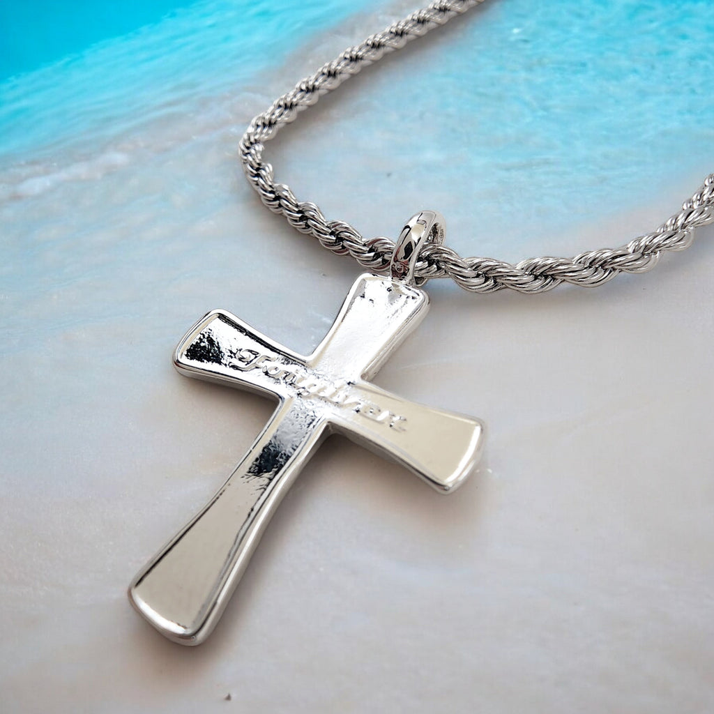 Forgiven Cross Rhodium Metal Finish Rope Chain Necklace