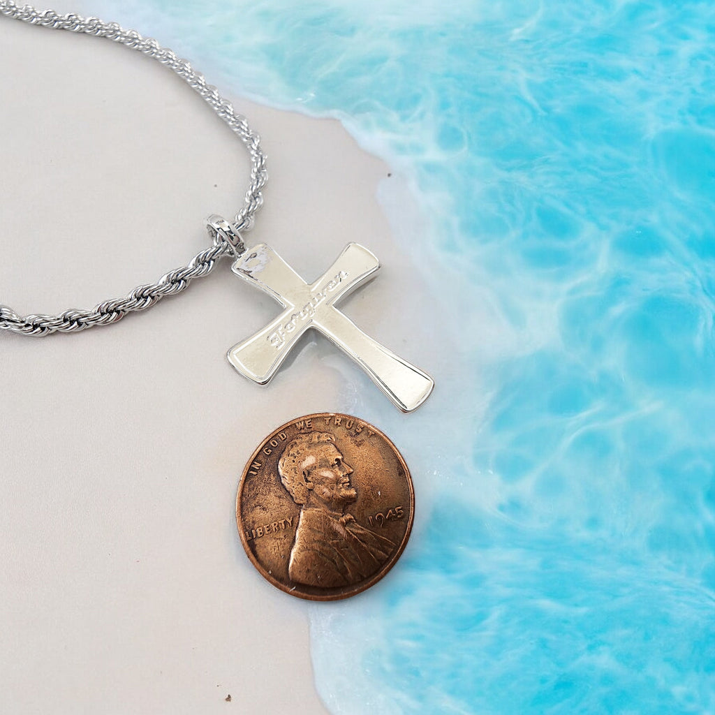 Forgiven Cross Rhodium Metal Finish Rope Chain Necklace