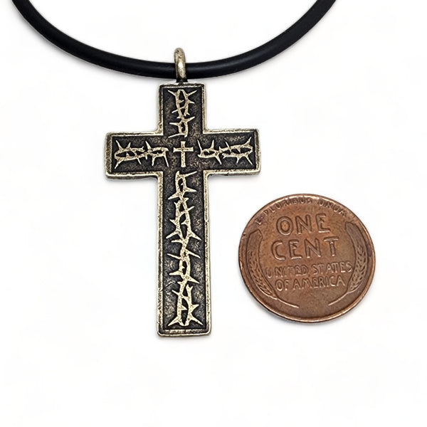 Thorns Cross Antique Brass Finish Pendant Black Cord Necklace