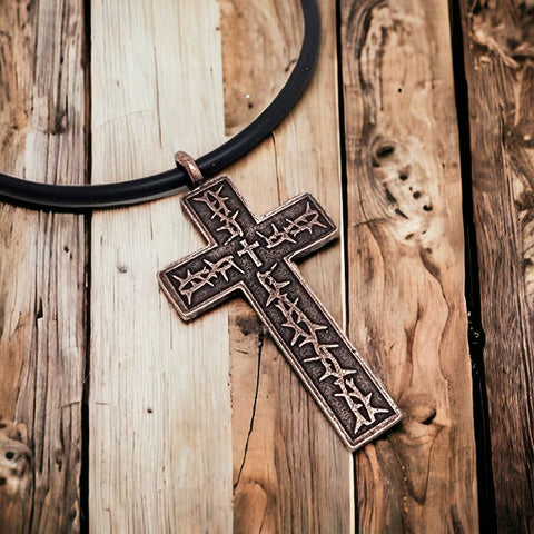 Stitched Bat Wood Inlay Cross Pendant and Chain