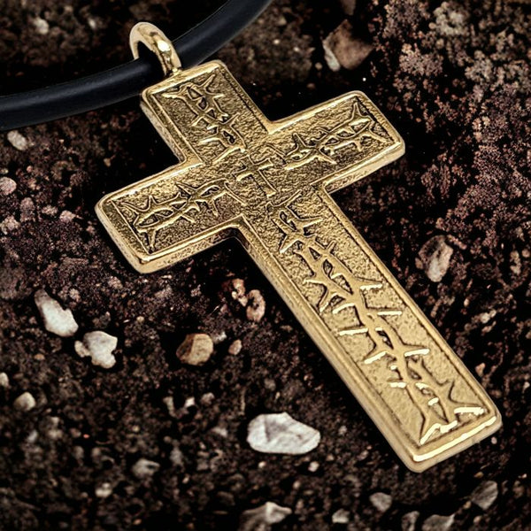 Thorns Cross Gold Metal Finish Pendant Black Cord Necklace