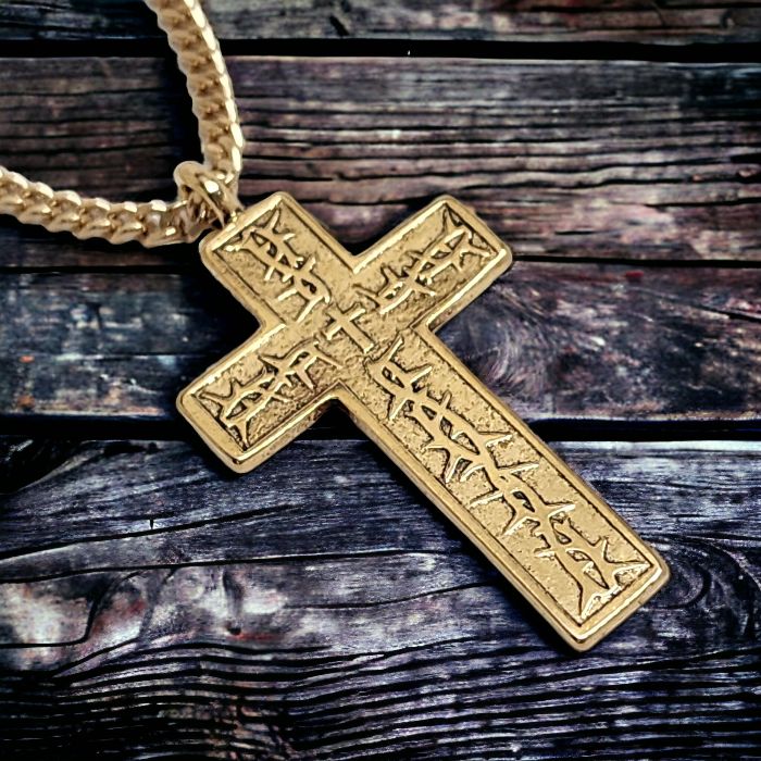 Thorns Cross Gold Metal Finish Pendant Gold Curb Chain Necklace