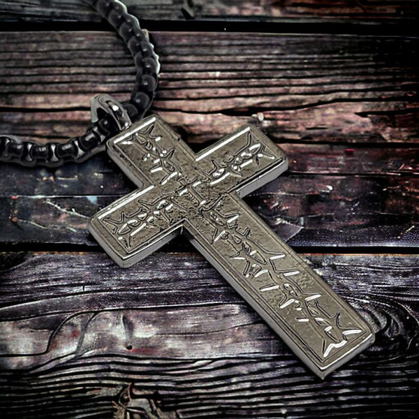 Thorns Cross Dark Metal Finish Pendant Dark Heavy Box Chain Necklace