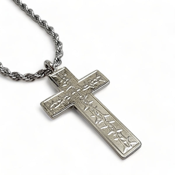Thorns Cross Rhodium Metal Finish Pendant Twisted Rope Chain Necklace
