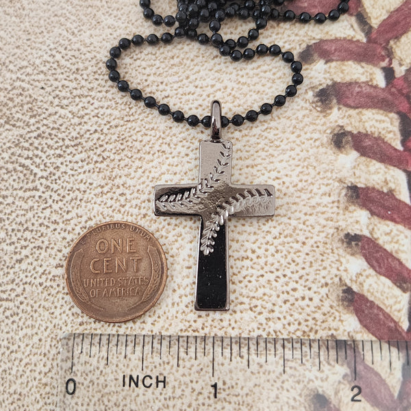 Cross Stitch Dark Metal Finish Baseball Pendant Dark Metal Ball Chain Necklace