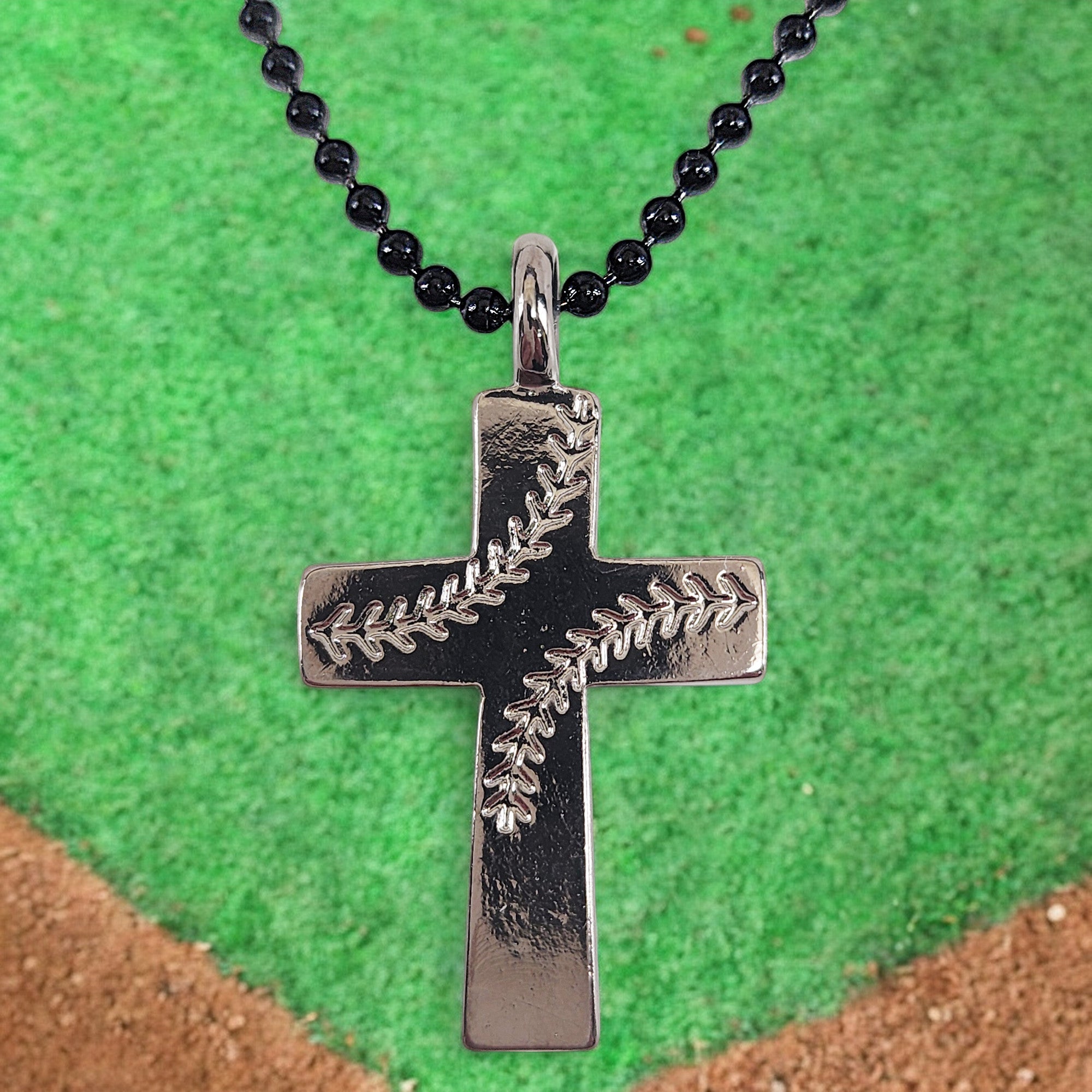 Cross Stitch Dark Metal Finish Baseball Pendant Dark Metal Ball Chain Necklace