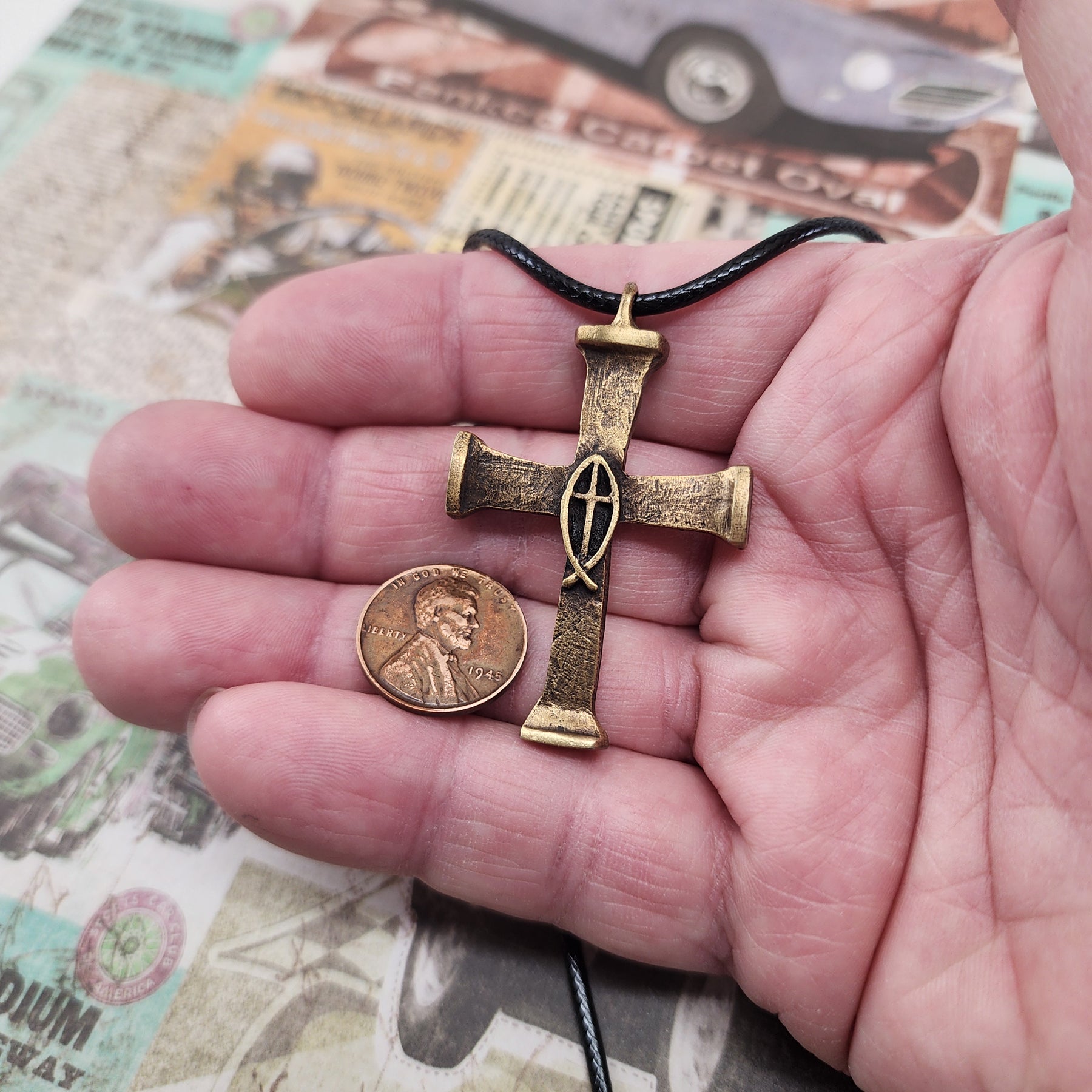 Horse Nails Cross Fish Antique Brass Finish Necklace – Forgiven