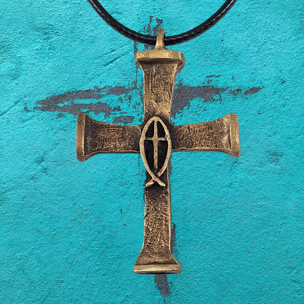 Horse Nails Cross Fish Antique Brass Finish Necklace