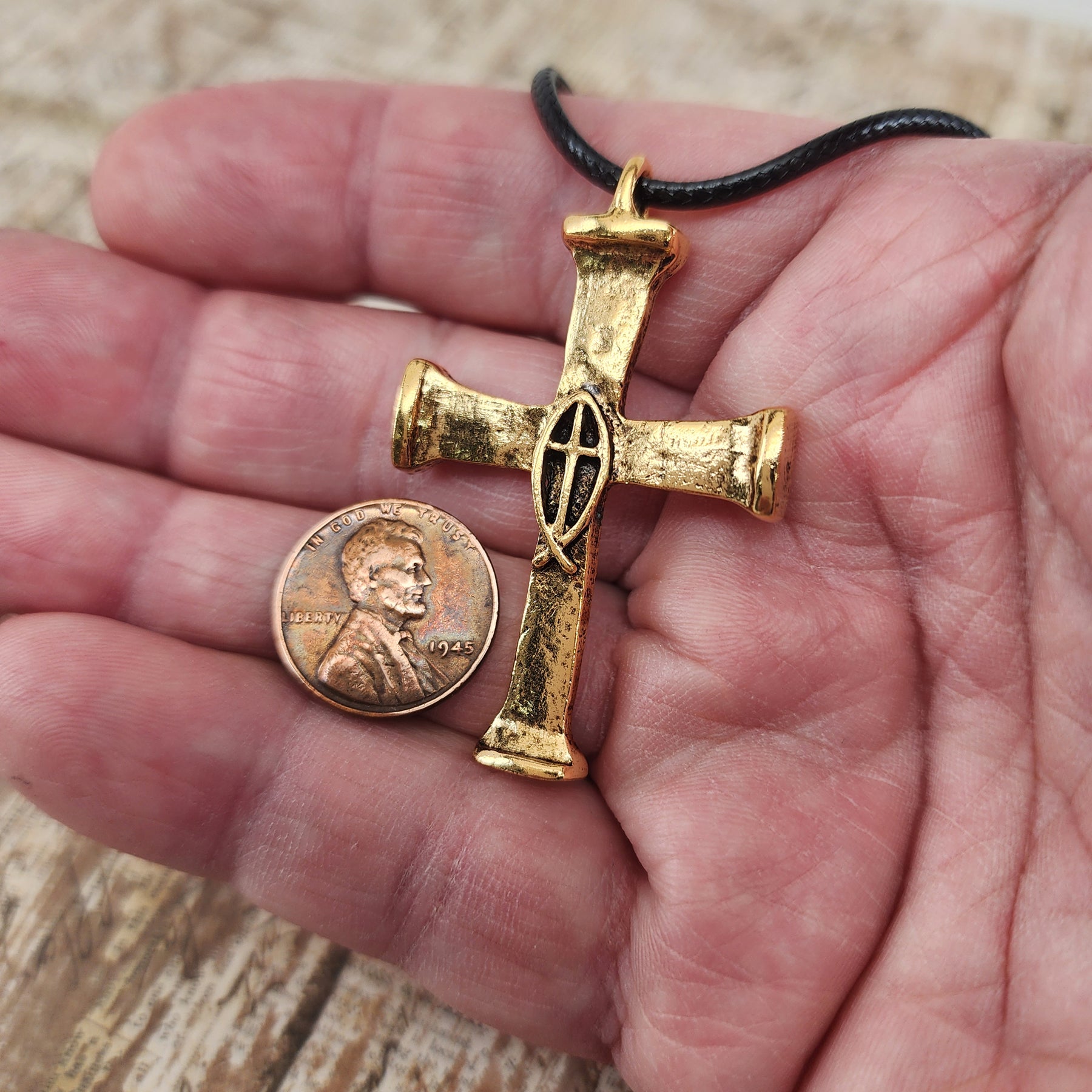 Horse Nails Cross Fish Gold Finish Necklace