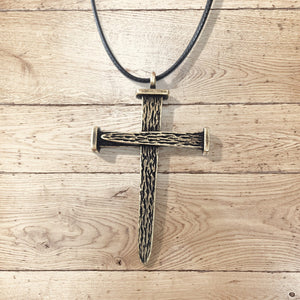 Leo Nail Cross Antique Brass Metal Finish Pendant (Leo-b-cord) Black Cord Necklace