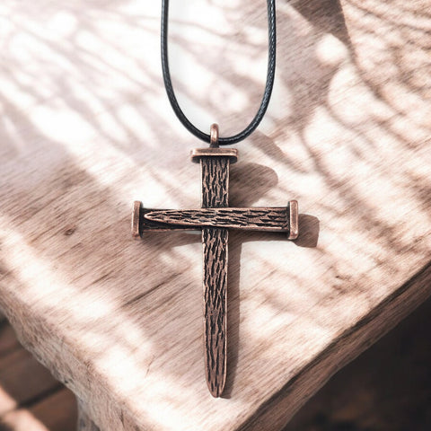 Leo Nail Cross Antique Copper Metal Finish Pendant (Leo-c-cord) Black Cord Necklace