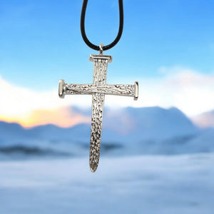 Leo Nail Cross Rhodium Silver Metal Finish Pendant (leo-rhd) Black Cord Necklace