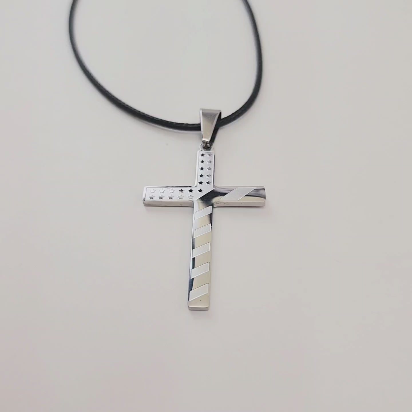 USA Flag Cross Stainless Steel Black Cord Necklace