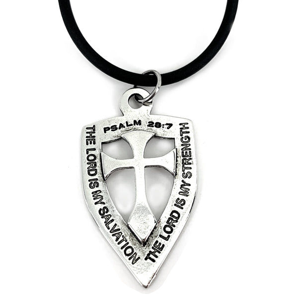 Shield with Cross Pendant Necklace Rhodium Metal Bling Finish - Forgiven Jewelry