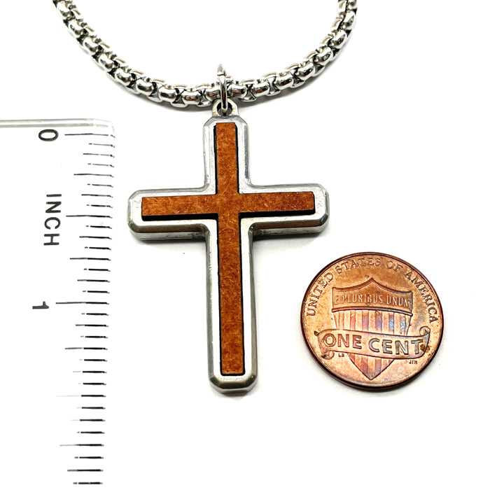 Cross Wood Inlay Antique Silver Pendant Stainless Steel Box Chain Necklace - Forgiven Jewelry