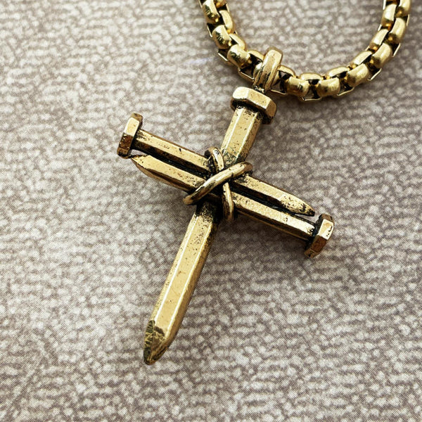 Nail Cross Gold Metal Finish Pendant Gold Finish Heavy Chain Necklace