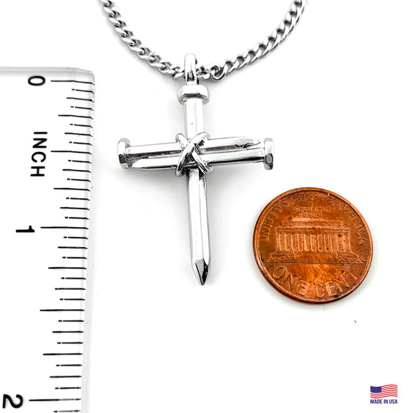 Nail Cross Rhodium Finish Necklace On 24 Inch Curb Chain - Forgiven Jewelry