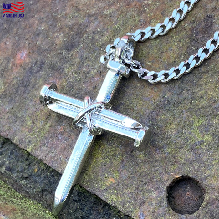 Nail Cross Rhodium Finish Necklace On 18 Inch Curb Chain - Forgiven Jewelry