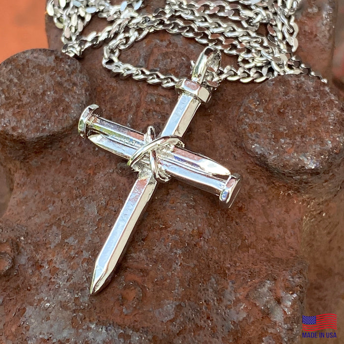 Nail Cross Rhodium Finish Necklace On 18 Inch Curb Chain - Forgiven Jewelry