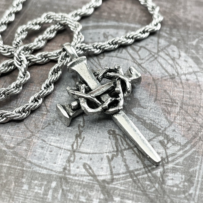 Crown Of Thorns Nail Cross Necklace Rope Chain - Forgiven Jewelry