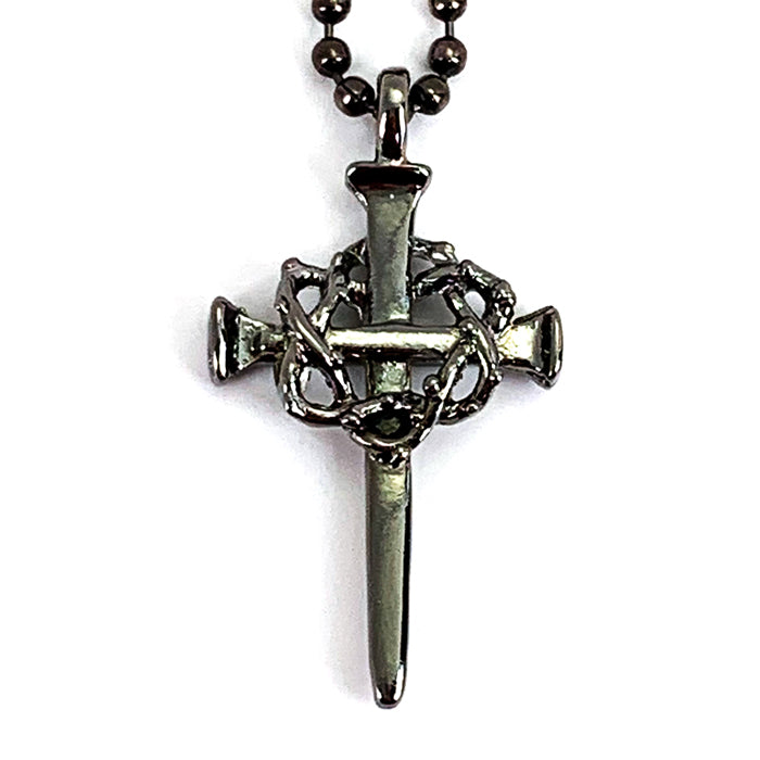 Nail Crown Cross In Gunmetal Finish with Gunmetal Ball Chain Necklace - Forgiven Jewelry