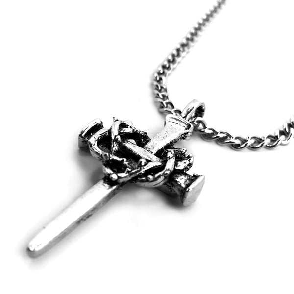 Crown Of Thorns Nail Cross Necklace Silver Finish On Chain - Forgiven Jewelry