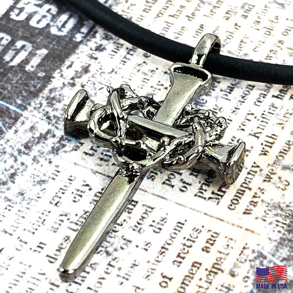 Crown Of Thorns Nail Cross Necklace Gunmetal Finish - Forgiven Jewelry