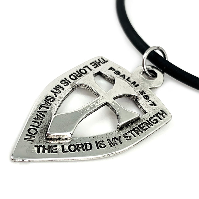 Shield with Cross Pendant Necklace Rhodium Metal Bling Finish - Forgiven Jewelry