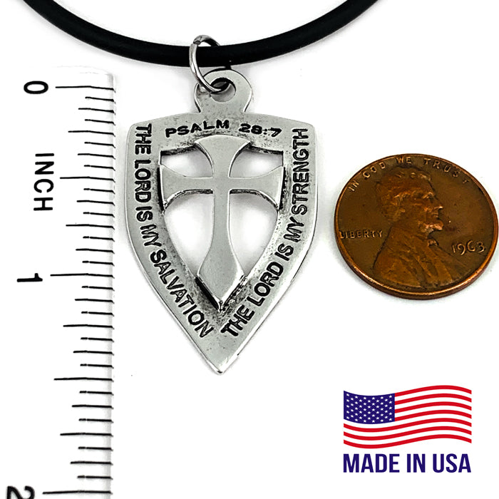 Shield with Cross Pendant Necklace Rhodium Metal Bling Finish - Forgiven Jewelry