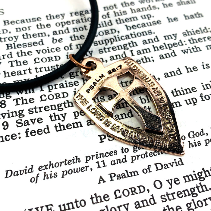 Shield with Cross Pendant Necklace Rose Gold Metal Finish - Forgiven Jewelry