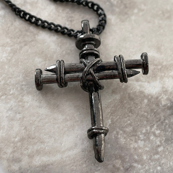 Nail Cross Pendant Gunmetal Color Finish Dark Chain Necklace