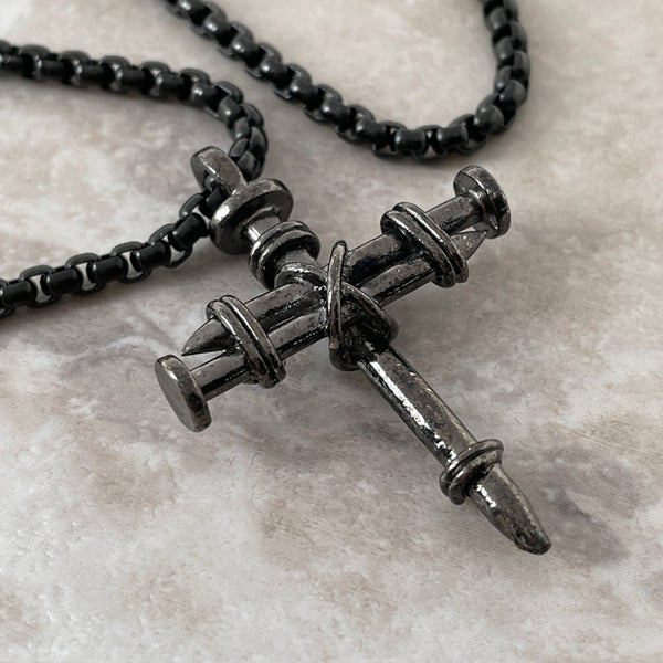 Nail Cross Pendant Gunmetal Color Finish Dark Heavy Chain Necklace