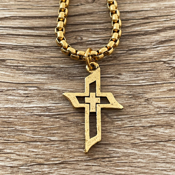 Cross Men Of Faith Gold Finish Pendant Gold Heavy Chain Necklace