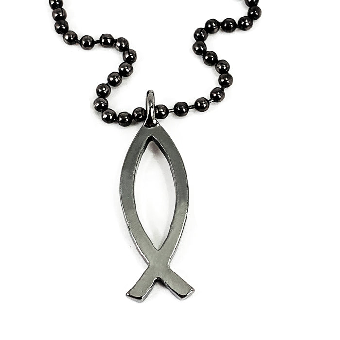 Ichthus Fish Gunmetal Finish Ball Chain Necklace - Forgiven Jewelry