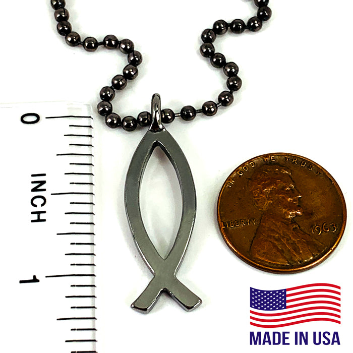 Ichthus Fish Gunmetal Finish Ball Chain Necklace - Forgiven Jewelry