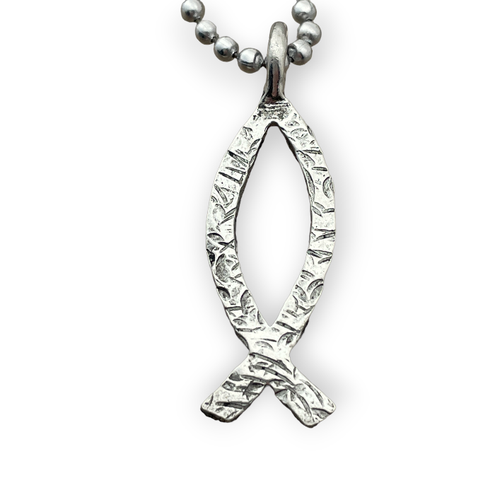 Ichthus Fish Hammered Finish Ball Chain Necklace